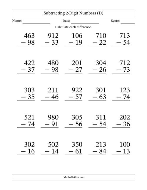 The Subtracting 2-Digit Numbers With All Regrouping (25 Questions) Large Print (D) Math Worksheet