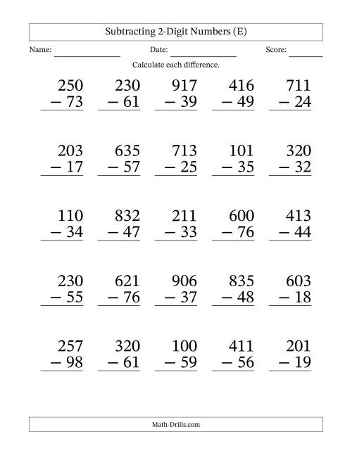 The Subtracting 2-Digit Numbers With All Regrouping (25 Questions) Large Print (E) Math Worksheet
