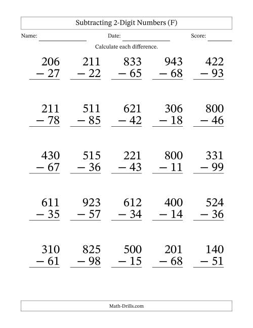 The Subtracting 2-Digit Numbers With All Regrouping (25 Questions) Large Print (F) Math Worksheet