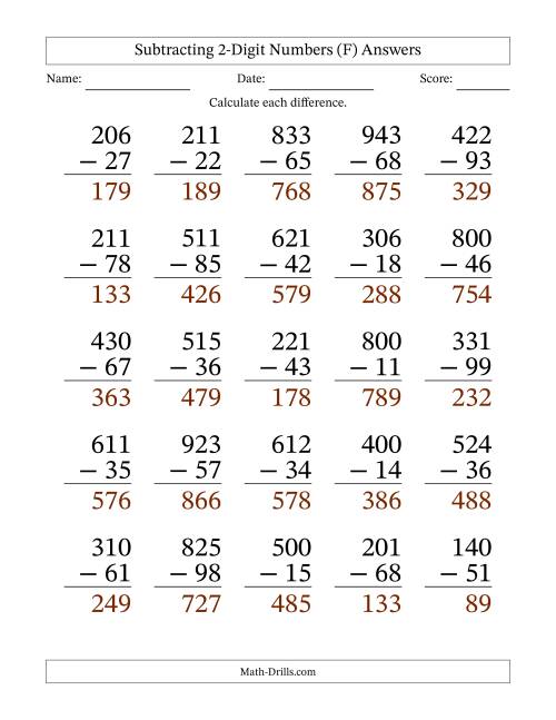 The Subtracting 2-Digit Numbers With All Regrouping (25 Questions) Large Print (F) Math Worksheet Page 2