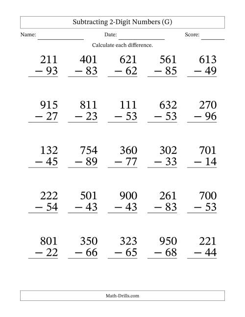 The Subtracting 2-Digit Numbers With All Regrouping (25 Questions) Large Print (G) Math Worksheet