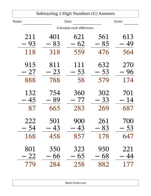 The Subtracting 2-Digit Numbers With All Regrouping (25 Questions) Large Print (G) Math Worksheet Page 2