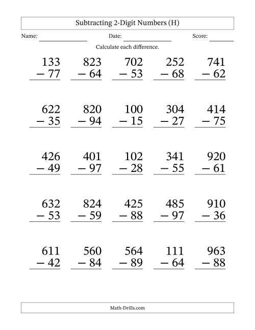 The Subtracting 2-Digit Numbers With All Regrouping (25 Questions) Large Print (H) Math Worksheet