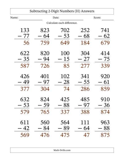 The Subtracting 2-Digit Numbers With All Regrouping (25 Questions) Large Print (H) Math Worksheet Page 2