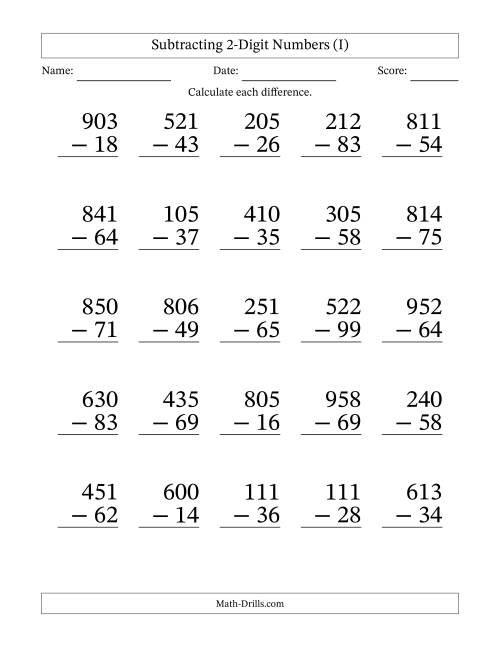 The Subtracting 2-Digit Numbers With All Regrouping (25 Questions) Large Print (I) Math Worksheet