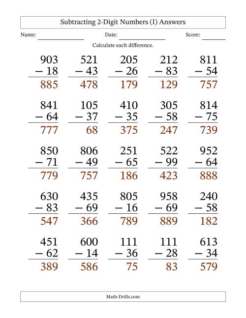 The Subtracting 2-Digit Numbers With All Regrouping (25 Questions) Large Print (I) Math Worksheet Page 2
