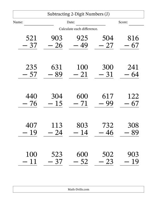 The Subtracting 2-Digit Numbers With All Regrouping (25 Questions) Large Print (J) Math Worksheet