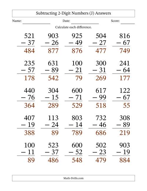 The Subtracting 2-Digit Numbers With All Regrouping (25 Questions) Large Print (J) Math Worksheet Page 2