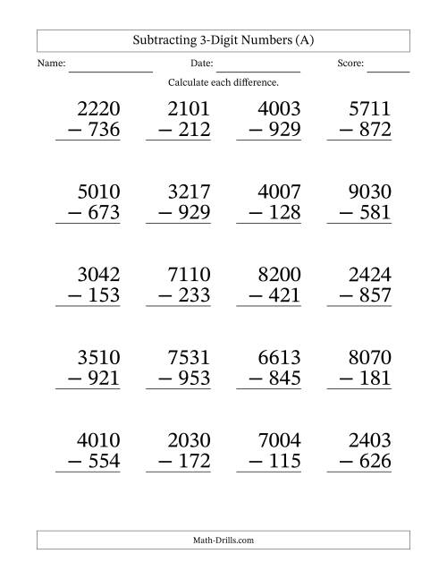 The Subtracting 3-Digit Numbers With All Regrouping (20 Questions) Large Print (A) Math Worksheet