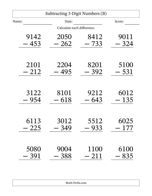 The Subtracting 3-Digit Numbers With All Regrouping (20 Questions) Large Print (B) Math Worksheet