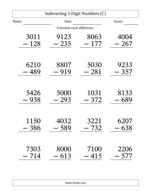 The Subtracting 3-Digit Numbers With All Regrouping (20 Questions) Large Print (C) Math Worksheet