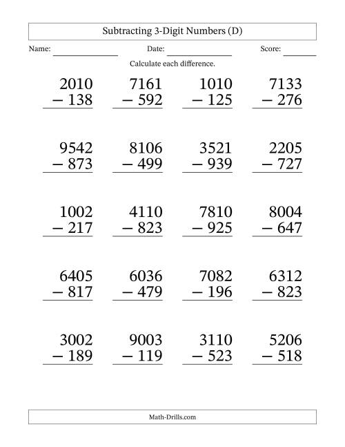 The Subtracting 3-Digit Numbers With All Regrouping (20 Questions) Large Print (D) Math Worksheet