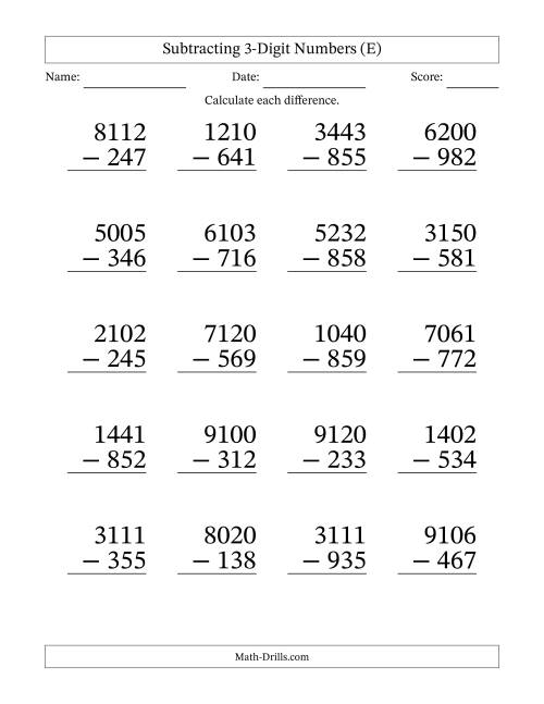 The Subtracting 3-Digit Numbers With All Regrouping (20 Questions) Large Print (E) Math Worksheet