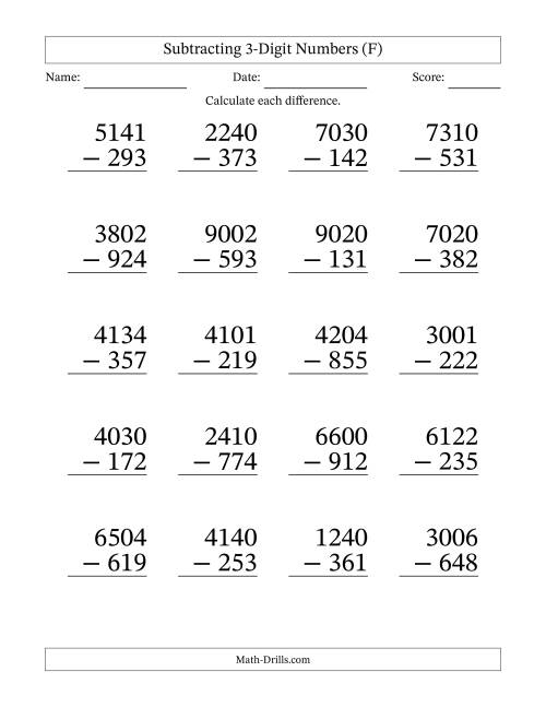 The Subtracting 3-Digit Numbers With All Regrouping (20 Questions) Large Print (F) Math Worksheet