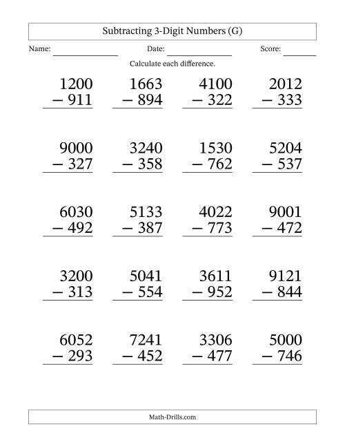The Subtracting 3-Digit Numbers With All Regrouping (20 Questions) Large Print (G) Math Worksheet