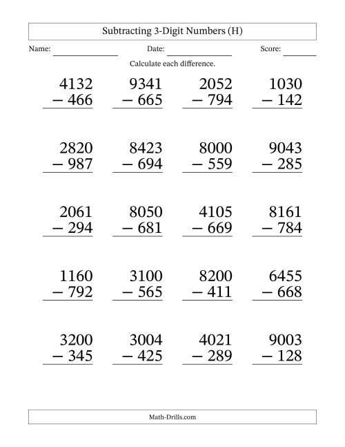 The Subtracting 3-Digit Numbers With All Regrouping (20 Questions) Large Print (H) Math Worksheet