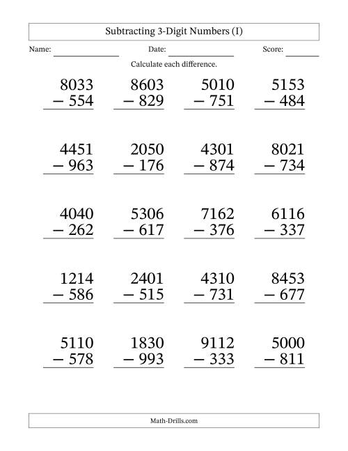 The Subtracting 3-Digit Numbers With All Regrouping (20 Questions) Large Print (I) Math Worksheet