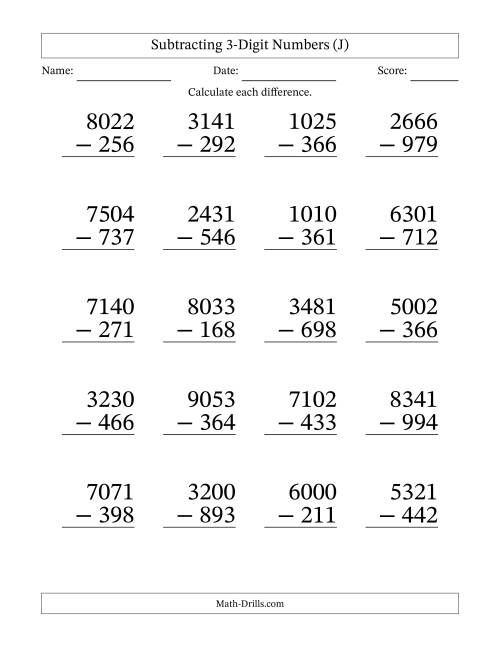 The Subtracting 3-Digit Numbers With All Regrouping (20 Questions) Large Print (J) Math Worksheet