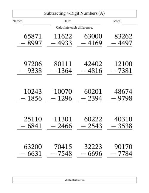 The Large Print Subtracting 4-Digit Numbers with All Regrouping (A) Math Worksheet