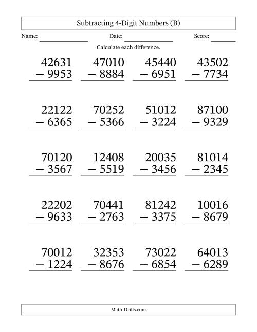 The Large Print Subtracting 4-Digit Numbers with All Regrouping (B) Math Worksheet