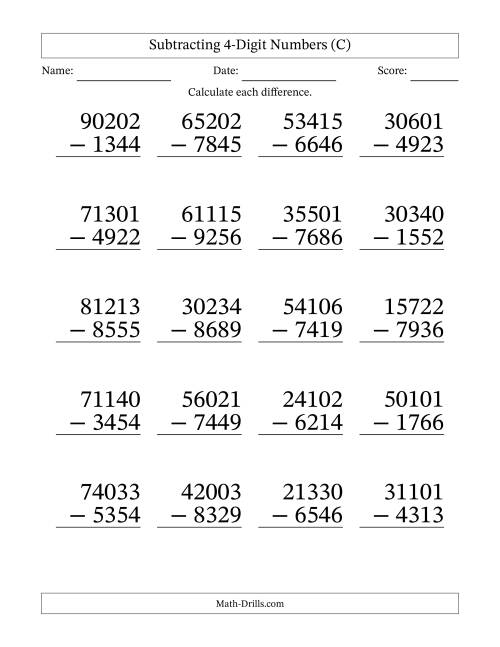 The Large Print Subtracting 4-Digit Numbers with All Regrouping (C) Math Worksheet