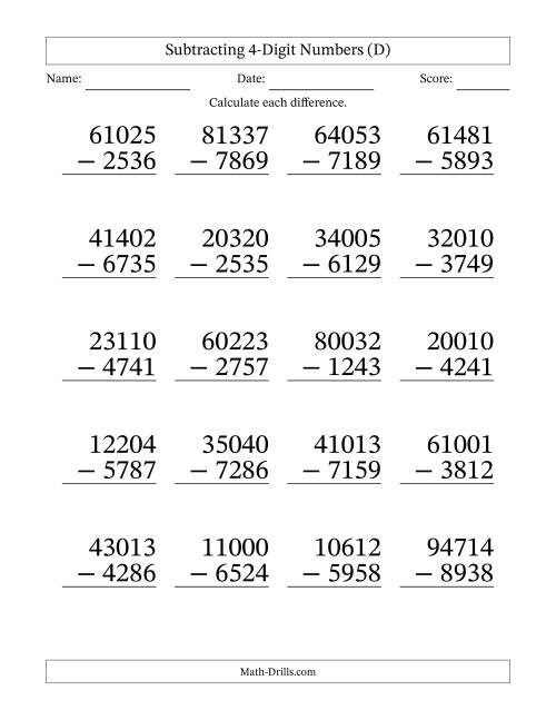 The Large Print Subtracting 4-Digit Numbers with All Regrouping (D) Math Worksheet
