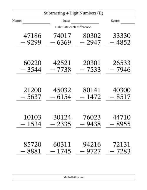 The Large Print Subtracting 4-Digit Numbers with All Regrouping (E) Math Worksheet