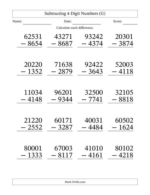 The Large Print Subtracting 4-Digit Numbers with All Regrouping (G) Math Worksheet