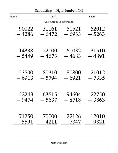 The Large Print Subtracting 4-Digit Numbers with All Regrouping (H) Math Worksheet
