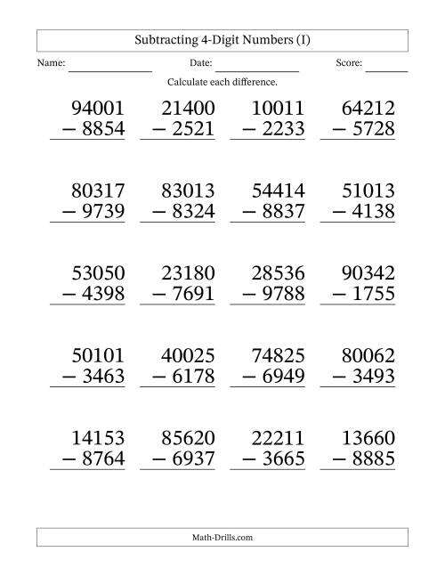 Subtracting Four Digit Numbers Worksheet Pdf
