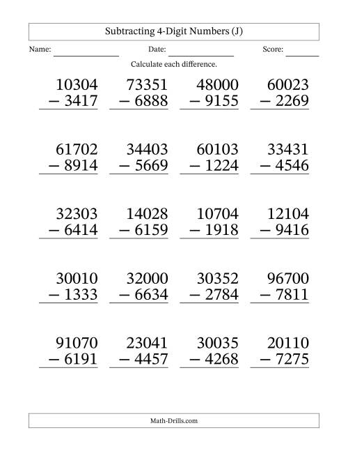 The Large Print Subtracting 4-Digit Numbers with All Regrouping (J) Math Worksheet