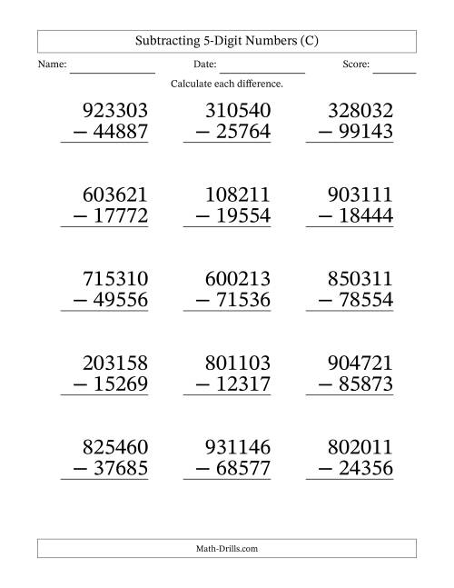 The Subtracting 5-Digit Numbers With All Regrouping (15 Questions) Large Print (C) Math Worksheet