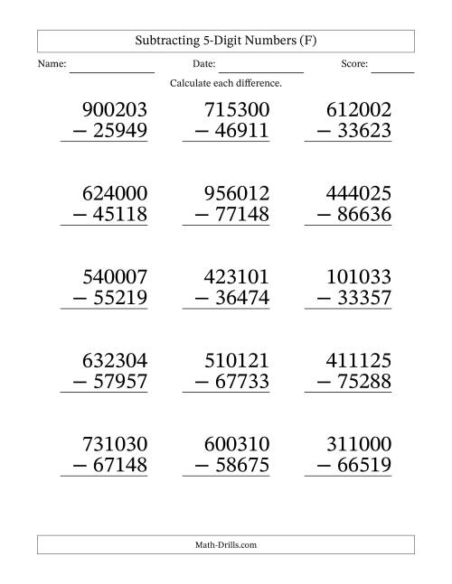 The Subtracting 5-Digit Numbers With All Regrouping (15 Questions) Large Print (F) Math Worksheet