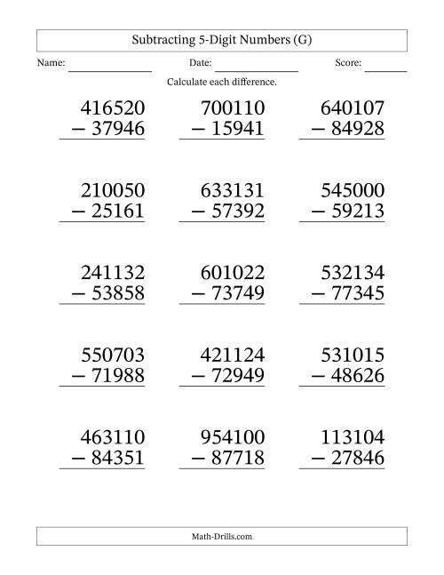 The Subtracting 5-Digit Numbers With All Regrouping (15 Questions) Large Print (G) Math Worksheet