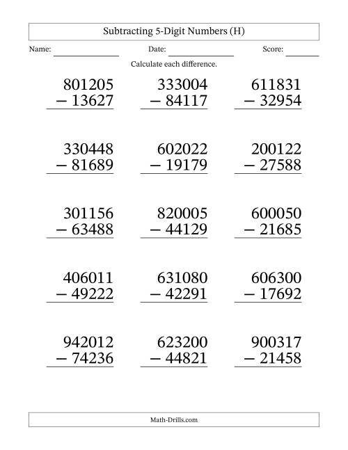 The Subtracting 5-Digit Numbers With All Regrouping (15 Questions) Large Print (H) Math Worksheet