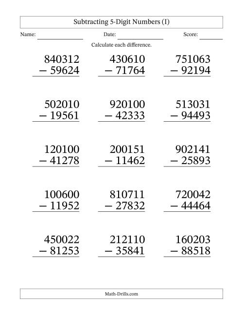 The Subtracting 5-Digit Numbers With All Regrouping (15 Questions) Large Print (I) Math Worksheet
