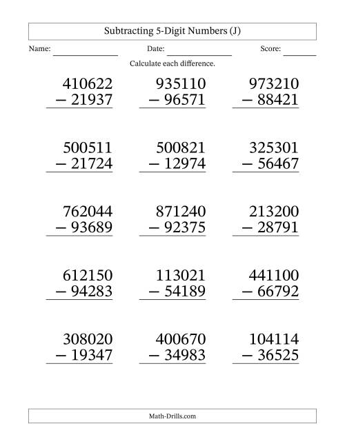 The Subtracting 5-Digit Numbers With All Regrouping (15 Questions) Large Print (J) Math Worksheet