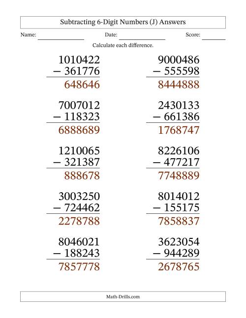 The Subtracting 6-Digit Numbers With All Regrouping (10 Questions) Large Print (J) Math Worksheet Page 2