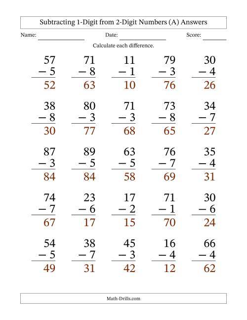 The Large Print 2-Digit Minus 1-Digit Subtraction (A) Math Worksheet Page 2