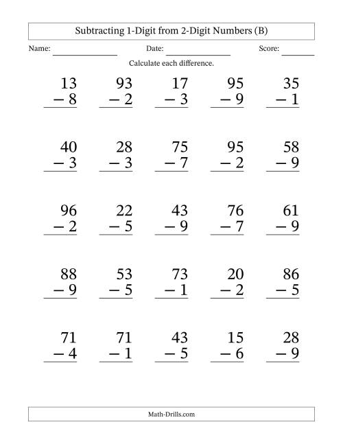 The Subtracting 1-Digit from 2-Digit Numbers With Some Regrouping (25 Questions) Large Print (B) Math Worksheet