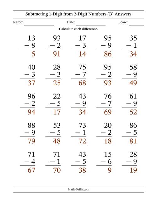 The Subtracting 1-Digit from 2-Digit Numbers With Some Regrouping (25 Questions) Large Print (B) Math Worksheet Page 2