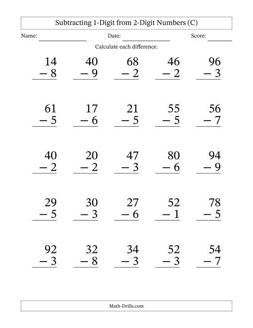 The Large Print 2-Digit Minus 1-Digit Subtraction (C) Math Worksheet