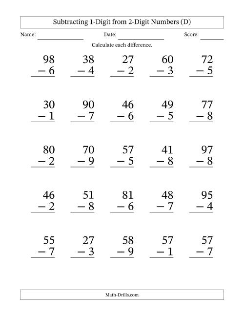 The Large Print 2-Digit Minus 1-Digit Subtraction (D) Math Worksheet