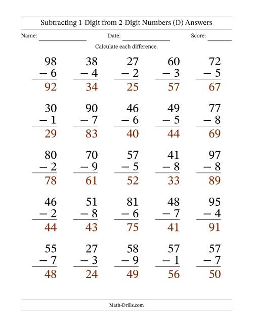 The Subtracting 1-Digit from 2-Digit Numbers With Some Regrouping (25 Questions) Large Print (D) Math Worksheet Page 2