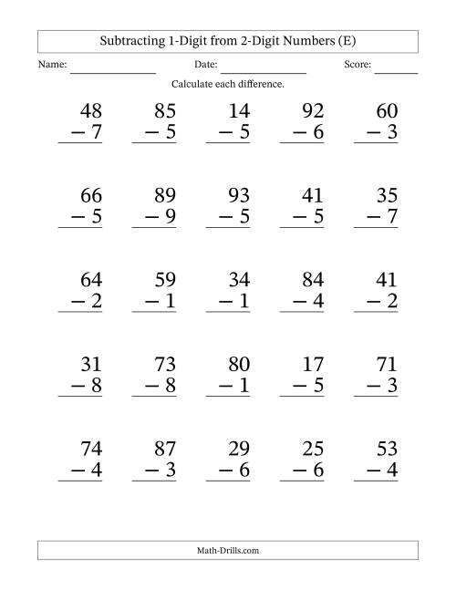The Subtracting 1-Digit from 2-Digit Numbers With Some Regrouping (25 Questions) Large Print (E) Math Worksheet