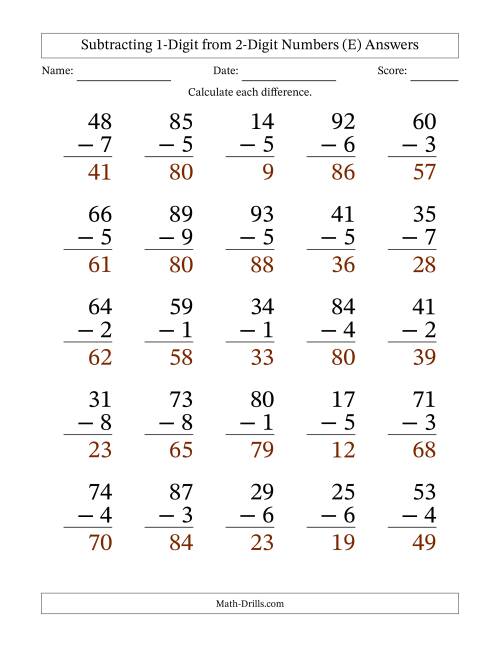 The Subtracting 1-Digit from 2-Digit Numbers With Some Regrouping (25 Questions) Large Print (E) Math Worksheet Page 2