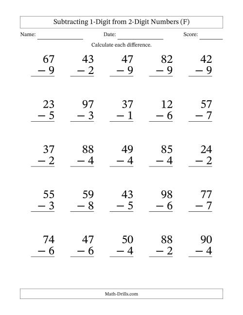 The Subtracting 1-Digit from 2-Digit Numbers With Some Regrouping (25 Questions) Large Print (F) Math Worksheet