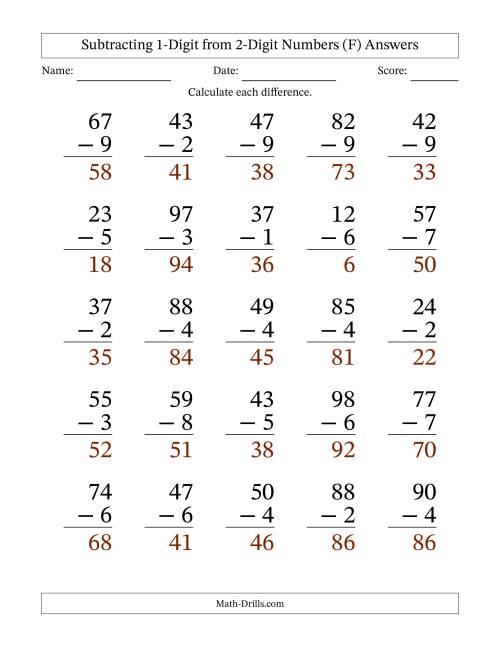 The Subtracting 1-Digit from 2-Digit Numbers With Some Regrouping (25 Questions) Large Print (F) Math Worksheet Page 2