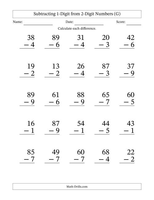 The Subtracting 1-Digit from 2-Digit Numbers With Some Regrouping (25 Questions) Large Print (G) Math Worksheet