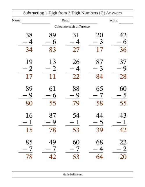 The Subtracting 1-Digit from 2-Digit Numbers With Some Regrouping (25 Questions) Large Print (G) Math Worksheet Page 2